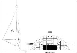 Primer boceto . Diseño inicial de la iglesia de los Mártires de 1936 con campanario exento en forma de vela.