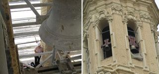 Una de las campanas de la Basílica del Pilar durante el proceso de restauración (izq.) y detalle del campanario del Pilar con las piezas ya restauradas(dra).