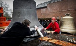 Marie, the biggest of all the new bells being made for Paris's Notre Dame Cathedral on its 850th anniversary next year, is pictured at the Royal Eijsbouts Bell Foundry in Asten, The Netherlands, on December 20, 2012. The bell left the foundry on Thursday headed for France