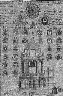 Documento relativo al traslado de la campana «Honorata desde la fundición a la torre del Reloj, de la catedral barcelonesa, donde fue instalada, según cuenta la tradición, ciento dos muchachos realizaron la maniobra, lo que gráficamente se muestra en la parte inferior del grabado. Se acompaña el documento de los escudos de los consejeros que reglan entonces (1763) el Ayuntamiento de Barcelona.
